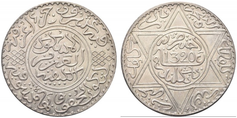 MAROCCO. 'Abd al-'Aziz, 1311-1326h. Rial 1320h, zecca di Birmingham. Ar gr. 24,9...