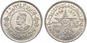 MAROCCO. Mohammed V, 1927-1961. 500 Francs 1956. Ar gr. 22,47 KM#Y54. q. FDC