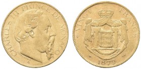 MONACO. Carlo III, 1856-1889. 20 Franchi 1879, Parigi. Au gr. 6,41 Gad. 120; Schl. 7; Fried. 12.
 Colpetto al dr. Buon BB