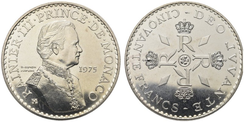 MONACO. Ranieri III, 1949-2005. 50 Franchi 1975. Ar gr. 29,83 Gad. 162. FDC