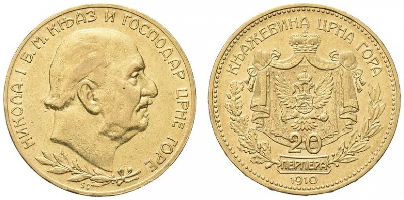 MONTENEGRO. Nicola I, 1860-1918. 20 Perpera 1910, testa a destra. Au gr. 6,75 KM...