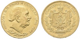 MONTENEGRO. Nicola I, 1860-1918. 20 Perpera 1910, testa a destra. Au gr. 6,75 KM#10; Fr. 2. Raro. SPL