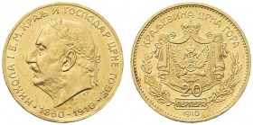 MONTENEGRO. Nicola I, 1860-1918. 20 Perpera 1910, testa a sinistra. Au gr. 6,76 KM#11; Fr. 5. Raro. SPL