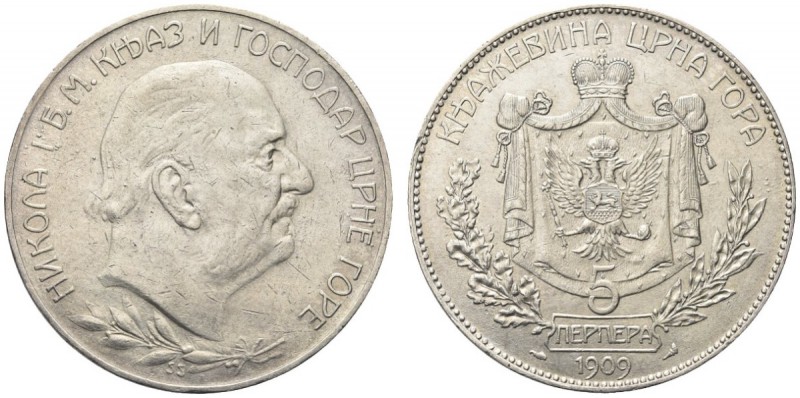 MONTENEGRO. Nicola I, 1860-1918. 5 Perpera 1909, zecca di Parigi. Ar gr. 23,82 K...