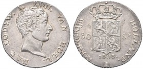 OLANDA. Regno d’Olanda. Luigi Napoleone, 1806-1810. 50 Stuiver 1808, zecca di Utrecht. Ar gr. 26,26 KM#12; Dav. 228. Delicata patina. SPL