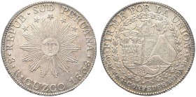 PERU’. Sud. 8 Reali 1838 B A, zecca di Cuzco. Ar gr. 27,19 KM#170.4. Rara. Piacevole patina. SPL
