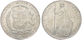 PERU’. Sud. 8 Reales 1855, zecca di Lima. Ar gr. 24,00 KM#142.10. Raro. q. SPL