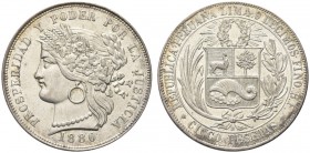 PERU’. Repubblica Peruana. 5 Pesetas 1880, Lima. Ar gr. 24,89 Eliz-234; KM201.1.
Raro. Certificato PCGS AU58, in scatola. Delicata patina. FDC