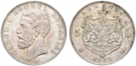 ROMANIA. Carlo I, come Principe, 1866-1881. 5 Lei 1880 B, Bucarest. Ar gr. 24,79 KM# 12.
 Delicata patina. q. FDC