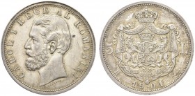 ROMANIA. Carlo I, 1881-1914. 5 Lei 1901, zecca di Bucarest. Ar gr. 24,90 KM#17.2. q. SPL