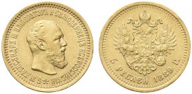 RUSSIA. Alessandro III, 1881-1894. 5 Rubli 1889. Au gr. 6,41 Bitkin 33; Fried. 168. SPL