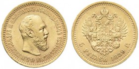 RUSSIA. Alessandro III, 1881-1894. 5 Rubli 1889. Au gr. 6,43 Bitkin 33; Fried. 168. SPL