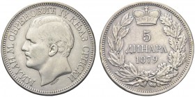 SERBIA. Milan Obrenovic IV, 1868-1882. 5 Dinara 1879. Ar gr. 24,77 KM#12. Raro. Bel BB