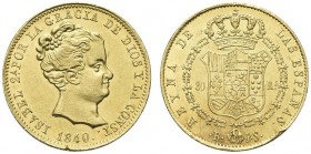 SPAGNA. Isabella II, 1833-1868. 80 Reales 1840 PS, zecca di Barcelona. Au gr. 6,74 Calicó 56; Fried. 324.
 q. FDC