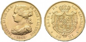 SPAGNA. Isabella II, 1833-1868. Seconda riforma monetaria. 10 Escudos 1868 (1873). Au gr. 8,27 KM#636.2; Fried. 336. SPL