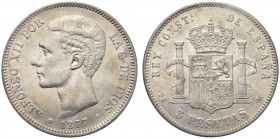 SPAGNA. Alfonso XII, 1886-1931. 5 Pesetas 1877 (77). Ar gr. 24,66 Calicò 28; KM#676. SPL