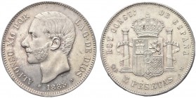SPAGNA. Alfonso XII, 1886-1931. 5 Pesetas 1885 (87). Ar gr. 24,95 KM# 688. q. FDC