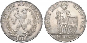 SVIZZERA. Cantone di Appenzell. 4 Franchi 1816, zecca di Berna. Ar gr. 28,90 D.T. 155; HMZ 2-28b.
 Meravigliosa patina. SPL
