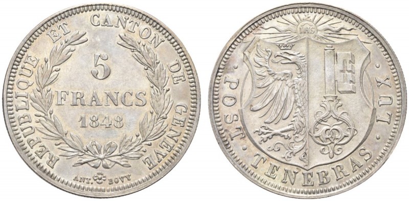 SVIZZERA. Repubblica e Cantone di Ginevra. 5 Franchi 1848. Ar gr. 25,89 HMZ 2-36...