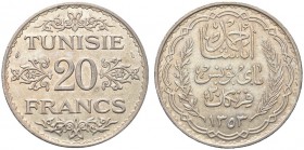 TUNISIA. Protettorato Francese. Ahmad Pasha Bey, 1929-1942. 20 Francs 1353 (1934-35). Ar gr. 19,89 KM#263. SPL