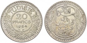 TUNISIA. Protettorato Francese. Ahmad Pasha Bey, 1929-1942. 20 Francs 1934. Ar gr. 19,84 KM#256. SPL