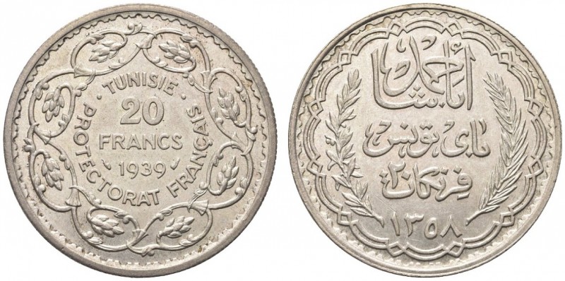 TUNISIA. Protettorato Francese. Ahmad Pasha Bey, 1929-1942. 20 Francs 1939. Ar g...