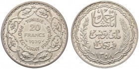TUNISIA. Protettorato Francese. Ahmad Pasha Bey, 1929-1942. 20 Francs 1939. Ar gr. 19,93 KM#E23. q. FDC