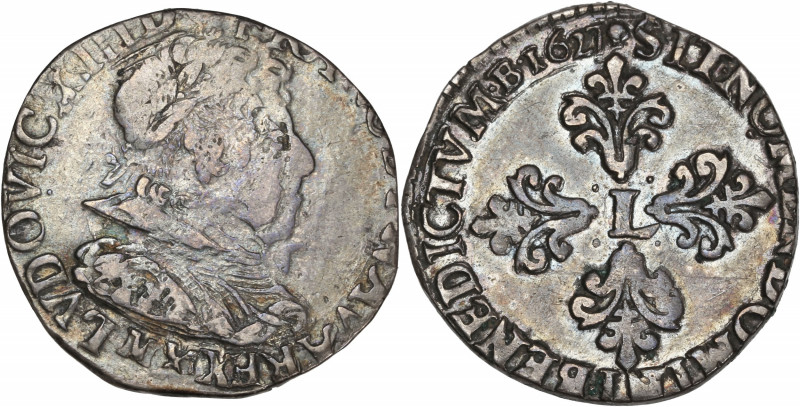 Louis XIII - 1/2 franc buste lauré au petit col rabattu 1627 M (Toulouse) 

Arge...