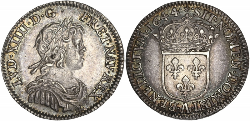 Louis XIV - 1/12 écu à la mèche courte 1644 A (Paris, Matignon) 
R/ Rose entre d...