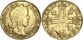 Louis XIV - Louis d'or à la mèche longue 1652 B (Rouen) 
Frappe monnaie.

Or - 6,68 grs - 24,5 mm
G.245
TB+

Trace de cerclage, nettoyage ancien.