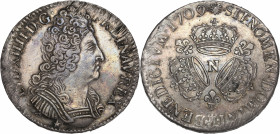Louis XIV - Ecu aux 3 couronnes 1709 N (Montpellier) 

Argent - 30,50 grs - 41 mm
G.229
TTB+

Très bel exemplaire ajusté sur les listels à l'avers et ...