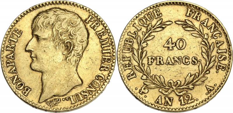Bonaparte Premier Consul - 40 francs An 12 A (Paris) 

Or - 12,85 grs - 26 mm
F....