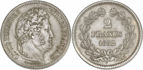 Louis-Philippe tête laurée - 2 francs 1832 H (La Rochelle) 

Argent - 9,86 grs - 27 mm
F.260-8 / G.520
SUP

Superbe exemplaire. Aspect mat suite à un ...