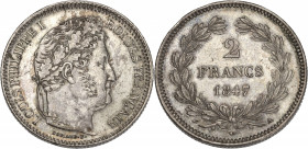 Louis-Philippe tête laurée - 2 francs 1847 A (Paris) 

Argent - 10,03 grs - 27 mm
F.260-12 / G.520
SUP

Superbe exemplaire, traces d'oxydation à l'ave...