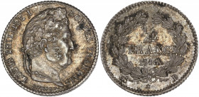 Louis-Philippe tête laurée - 1/4 franc argent 1840 B (Rouen) 

Argent - 1,26 grs - 15 mm
F.166-81 / G.355
SPL

Magnifique exemplaire avec une patine d...