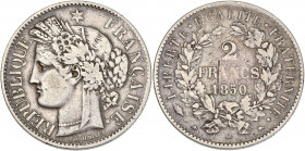 Cérès - 2 francs 1850 BB (Strasbourg) 

Argent - 9,92 grs - 27 mm
F.261-5 / G.522
TB+

Rare ! Une rayure au centre du revers. Léger nettoyage ancien....