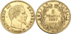 Napoléon III tête nue - 5 francs 1857 A (Paris) 

Or - 1,61 grs - 17 mm
F.501-4 / G.1001
TTB

Un choc dans le champ à l'avers, hairlines.
