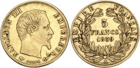 Napoléon III tête nue - 5 francs 1859 A (Paris) 

Or - 1,61 grs - 17 mm
F.501-7 / G.1001
TTB