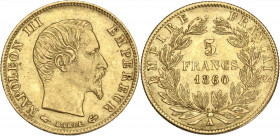 Napoléon III tête nue - 5 francs 1860 A (Paris) 
Différent main.

Or - 1,62 grs - 17 mm
F.501-10 / G.1001
TTB+

Très bel exemplaire.