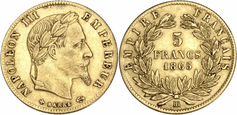 Napoléon III tête laurée - 5 francs 1865 BB (Strasbourg) 

Or - 1,63 grs - 17 mm...