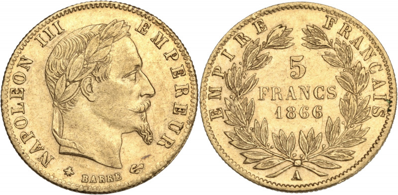 Napoléon III tête laurée - 5 francs 1866 A (Paris) 

Or - 1,63 grs - 17 mm
F.502...
