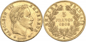 Napoléon III tête laurée - 5 francs 1866 A (Paris) 

Or - 1,63 grs - 17 mm
F.502-9 / G.1002
TTB+