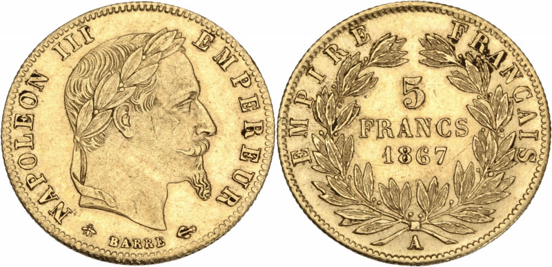 Napoléon III tête laurée - 5 francs 1867 A (Paris) 

Or - 1,63 grs - 17 mm
F.502...