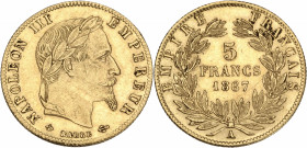 Napoléon III tête laurée - 5 francs 1867 A (Paris) 

Or - 1,63 grs - 17 mm
F.502-11 / G.1002
TTB+

Nettoyage ancien.