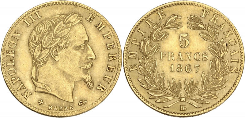 Napoléon III tête laurée - 5 francs 1867 BB (Strasbourg) 

Or - 1,58 grs - 17 mm...