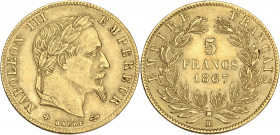 Napoléon III tête laurée - 5 francs 1867 BB (Strasbourg) 

Or - 1,58 grs - 17 mm
F.502-12 / G.1002
TTB+

Très bel exemplaire.
