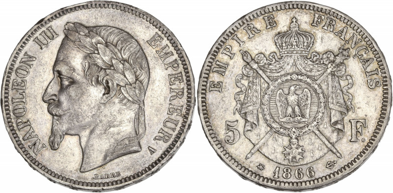 Napoléon III tête laurée - 5 francs 1866 A (Paris) 

Argent - 25,00 grs - 37 mm
...