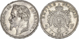 Napoléon III tête laurée - 5 francs 1866 A (Paris) 

Argent - 25,00 grs - 37 mm
F.331-9 / G.739
TTB- / TTB
RR

Exemplaire agréable de cette monnaie ra...