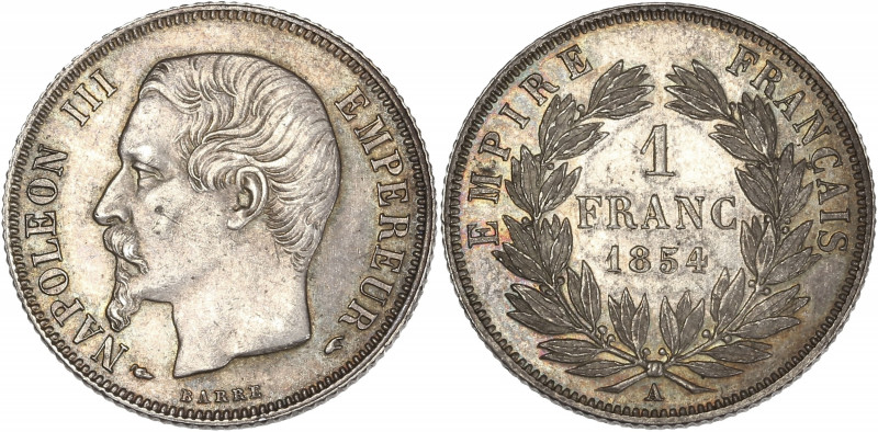 Napoléon III tête nue - 1 franc 1854 A (Paris) 

Argent - 5,04 grs - 23 mm
F.214...