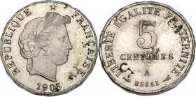 Merley type II - ESSAI 5 centimes 1905 A (Paris) 
Contremarqué de deux 5 au revers.

Nickel - 3,38 grs - 18 mm
GEM.13.11
SUP
R

Rare. Le Gadoury des E...